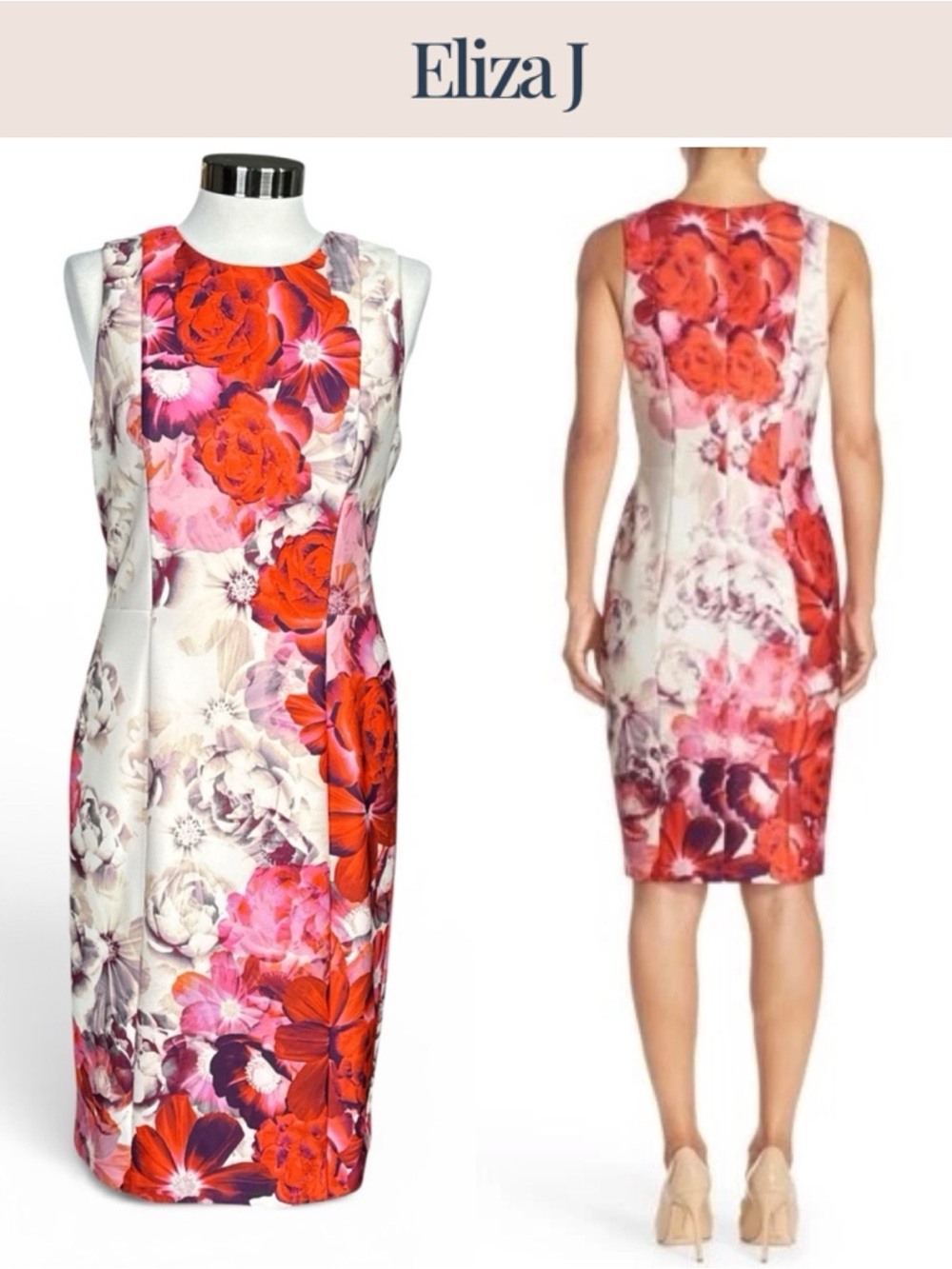 ELIZA J FLORAL SCUBA SHEATH DRESS IVORY RED PINK SLEEVELESS KNEE LENGTH SIZE 8